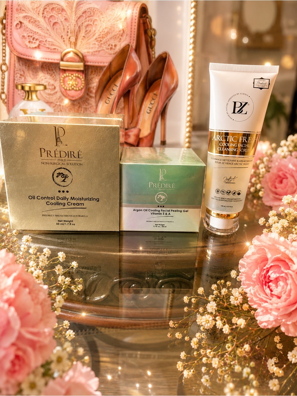 Predire 3 piece Oil Control Cooling Cleanser, facial peel gel, and moisturizer